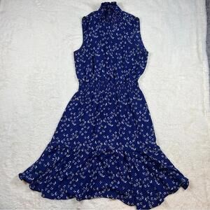 Nanette Lepore Navy Floral Midi Dress Sleeveless Fit & Flare Ruffle Hem Size